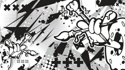 Monochrome Street Art Background with Paint Brushes and Grunge Style