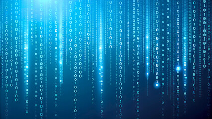 Blue glowing binary code rain background. Futuristic matrix style with data stream, abstract computer system, digital tech effect and cyber security information pattern. Vector illustration	
