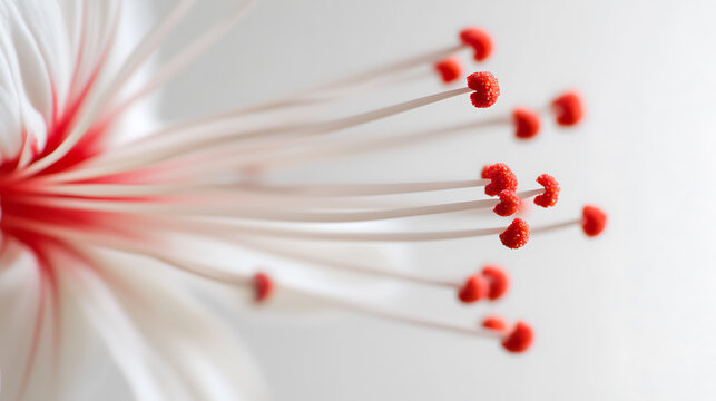 Macro shot of a flower, highlighting its intricate reproductive structures. Red tips contrast with the white filaments, creating a visually striking image. Ideal for nature themes.