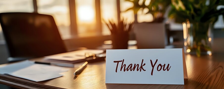 Gratitude message card on wooden desk with sunlight through window, notebook, pen and decorative plants creating warm business atmosphere.