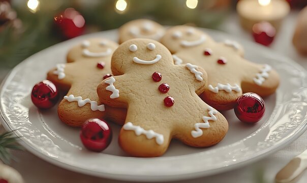 Festive gingerbread man cookies decorated with white icing and red candy buttons on vintage plate with Christmas ornaments and pine branches in background.