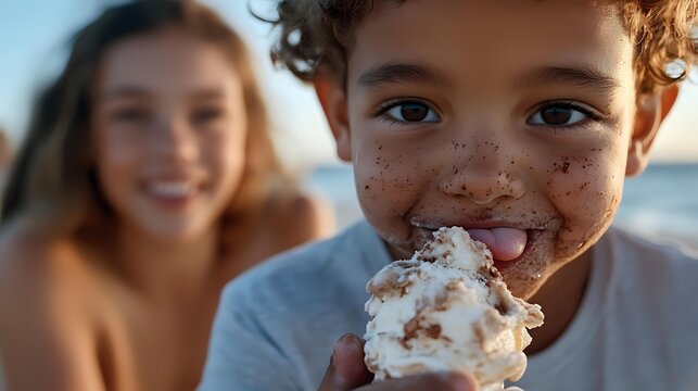 Young child with freckles enjoying ice cream at the beach, smiling with messy face while a girl blurs in background during summer vacation. - Powered by Adobe