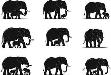 Silhouette vector set of elephants walking with babies, showing family bond, wildlife behavior, nurturing moments, nature, savanna, and animal connection