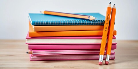 Neat stack of notebooks and pencils, ready for study,  school,  organization