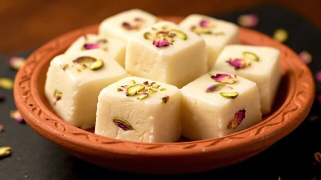 White fudge cubes garnished with nuts and rose petals served in a terracotta bowl dishware