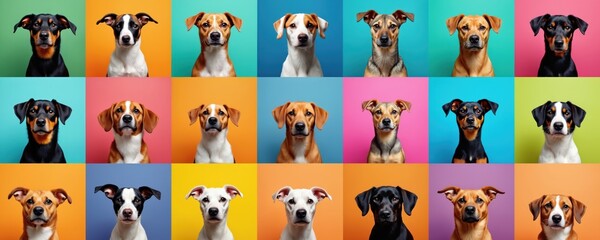 Obraz premium Compilation of diverse dog heads in various color blocks. Purebred and mixed breed dogs pose for studio portraits against vibrant backgrounds. Collection shows multiple canine faces, each unique.