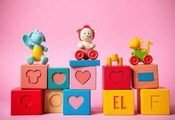 Pastel pink backdrop featuring colorful wooden blocks, each topped with a different infant toy,   minimalist,  infant toys