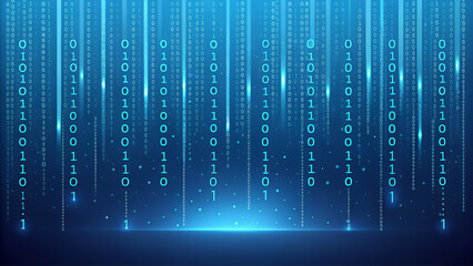 Blue glowing binary code rain background. Futuristic matrix style with data stream, abstract computer system, digital tech effect and cyber security information pattern. Vector illustration	
