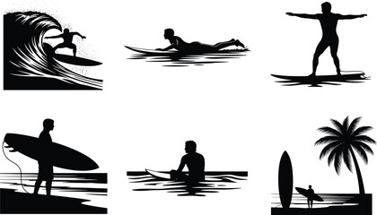 Surfing silhouette vector illustration showing surfers riding waves, paddling, standing on surfboards, and relaxing on tropical beach with sunset view.