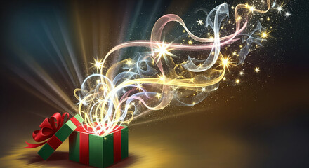 Festive gift box with red bow emitting light trails and stars in a magical, fantasy style against a dark background, conveying a celebratory mood.