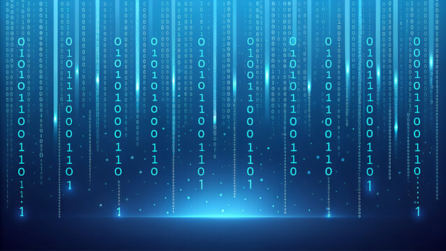 Blue glowing binary code rain background. Futuristic matrix style with data stream, abstract computer system, digital tech effect and cyber security information pattern. Vector illustration	
