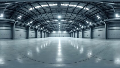Seamless 360 degree spherical HDRI panorama inside large empty warehouse. Industrial hall features concrete floor, high metal ceiling, bright spotlights. Spacious hangar with many garage doors ready