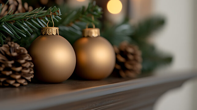 Golden holiday ornaments adorn a shelf, surrounded by pine boughs and pinecones, radiating warmth and festive cheer in anticipation of the holiday season.