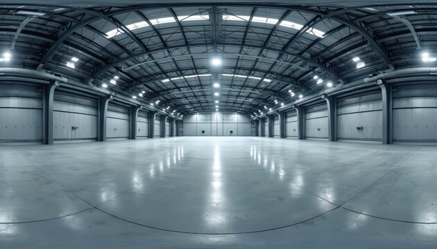Seamless 360 degree spherical HDRI panorama inside large empty warehouse. Industrial hall features concrete floor, high metal ceiling, bright spotlights. Spacious hangar with many garage doors ready