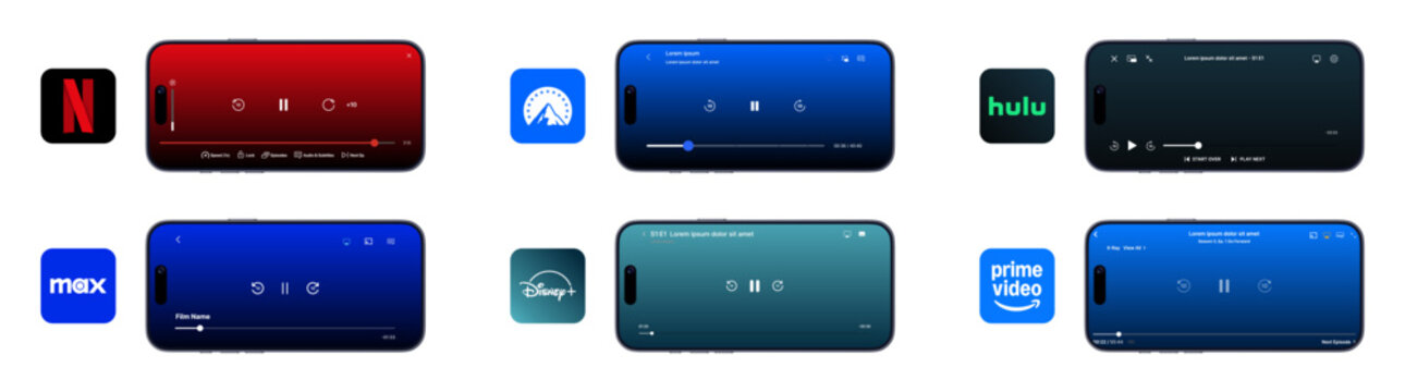 Streaming Apps UI Mockup on iPhone 17 Pro Max &ndash; Netflix, Disney+, Hulu, Prime Video, Max, and Paramount+ Video Player Interface