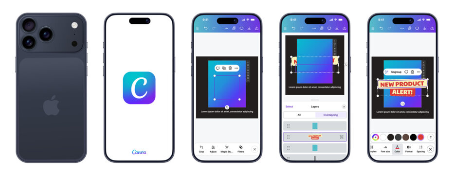 Canva app UI mockup displayed on iPhone 17 Pro Max screen. Mobile graphic design and editing. Canva App UI Mockup on iPhone 17 Pro Max &ndash; Mobile Graphic Design and Editing Interface