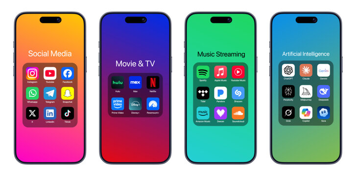 iPhone 17 Pro Max App Folders UI &ndash; Instagram, YouTube, Netflix, Spotify, ChatGPT, and TikTok on Mobile Screen