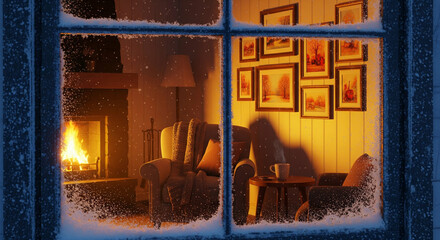 Warm interior view through a frosty window showing a cozy fireplace and armchair with golden light in a peaceful, relaxing setting.