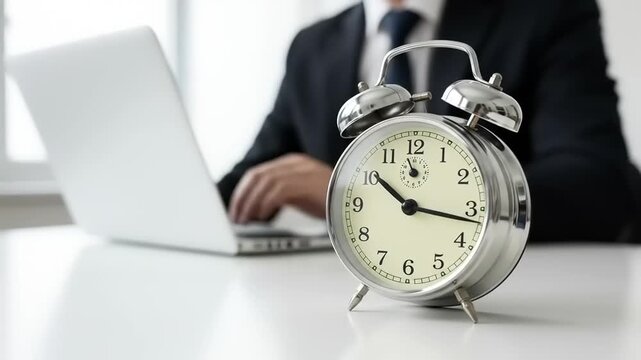 Businessman working with alarm clock with time focus.