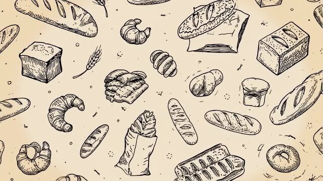 Vintage-style black and white illustrations of various baked goods, including loaves of bread, croissants, and pastries.  The design is a repeating pattern on a beige background