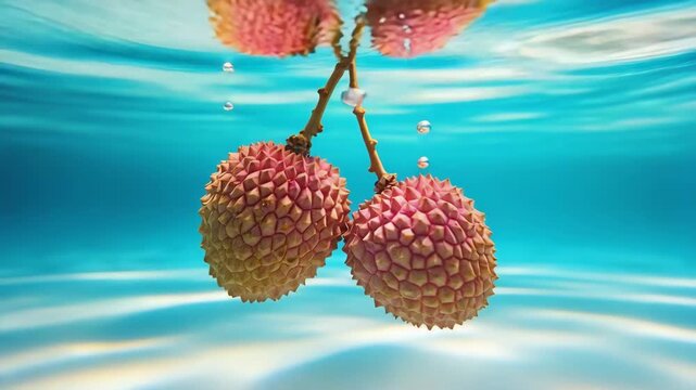 &ldquo;Underwater Lychee Video | Ripe Reddish-Pink Lychees with Rising Bubbles in Crystal-Clear Turquoise Water | Photorealistic Macro Footage&rdquo;