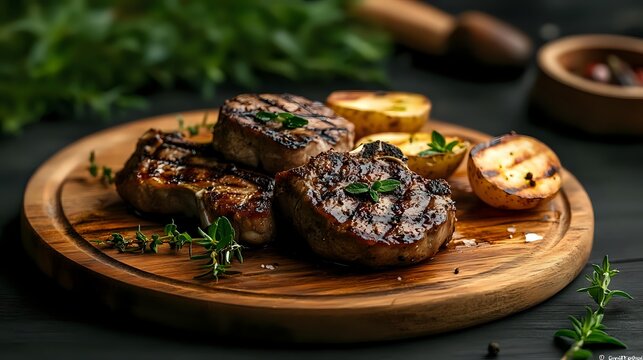 Juicy grilled beef medallions with fresh herbs and roasted lemon on wooden serving board against dark background, close up view of gourmet steak dinner.