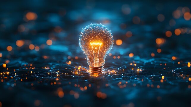 Glowing light bulb with orange particles on dark blue background with bokeh effect represents innovation, creativity and bright ideas in business concept.