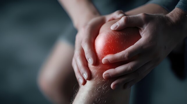 Person holding painful, inflamed knee joint with red glow highlighting area of injury, representing arthritis, sports trauma or joint inflammation.