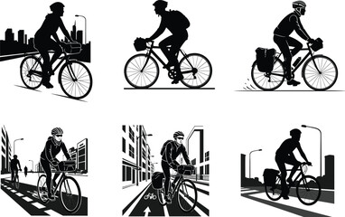 Obraz premium Urban bicycle commuting silhouettes in cityscape scenes showing diverse cycling styles, gear setups, and infrastructure for eco-friendly transportation