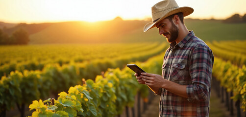 Fototapeta premium Farmer checks tablet in vineyard at sunset. Man uses tech device for farm management. Rural man works in field. Agriculture innovation concept. Modern farming at golden hour.