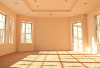 Obraz premium Sunlit empty room, plush carpet, large windows, architecture, home