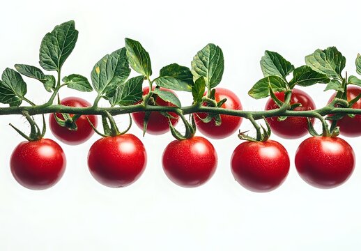 Fresh ripe cherry tomatoes on vine with green leaves isolated on white background, bright red organic produce for healthy eating and cooking designs.