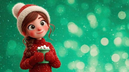Cheerful Girl in Winter Attire Enjoying Hot Cocoa During a Snowy Day Celebration in a Cozy Winter Setting