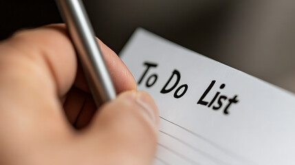 Person writing on a To Do List using a silver pen. The paper has black text and lines. Hand is light-skinned, and the background is blurred, creating a sense of focus on the task.