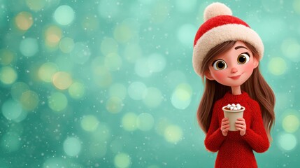 Girl in a Red Sweater and Winter Hat Holding a Cup of Hot Cocoa Against a Festive Bokeh Background