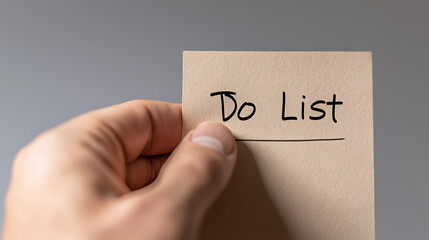 Close-up of a hand holding a beige notepad with the words "Do List" written on it in black ink. The hand is fair-skinned, set against a muted gray backdrop.