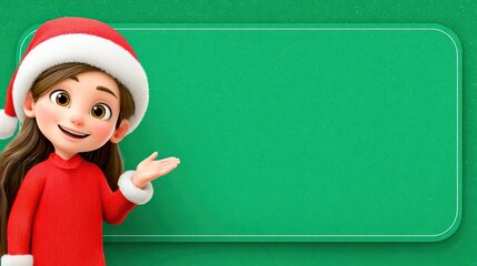 Cheerful Animated Character in a Red Sweater and Santa Hat Welcoming Viewers Against a Bright Green Background