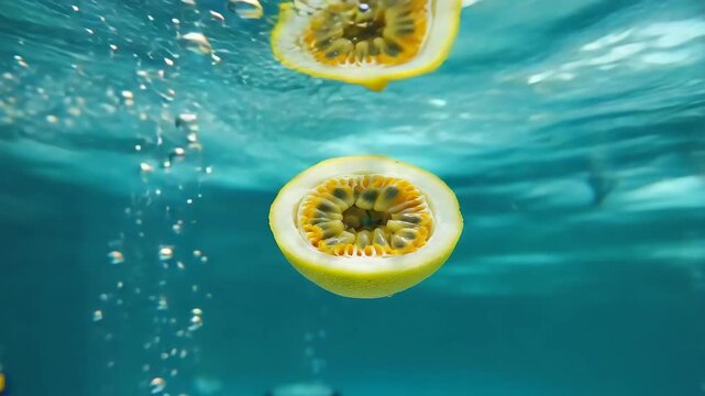 A close-up, underwater shot of a halved passionfruit floating just below the surface of clear, turquoise water, with a second, out-of-focus halved passionfruit visible above it, creating a sense of de