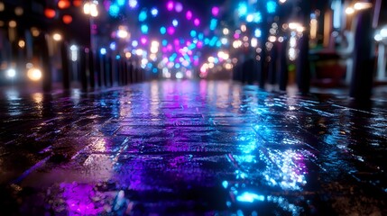 Fototapeta premium Wet cobblestone street reflecting vibrant colorful lights at night, creating a magical urban atmosphere for background or wallpaper design.