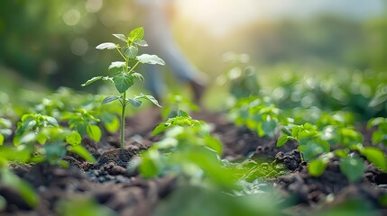 Young green seedling growing in fertile soil with natural sunlight and bokeh background, representing new life, growth, and sustainable agriculture.