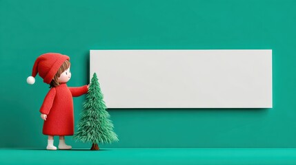 Child in Red Outfit Stands Next to a Small Green Tree and a Blank White Board on a Bright Turquoise Background