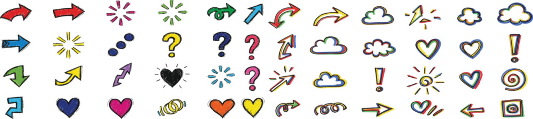Hand drawn colorful doodle icons vector set sketch arrows hearts question marks exclamation marks clouds and sunbursts collection of scribble graphic design elements