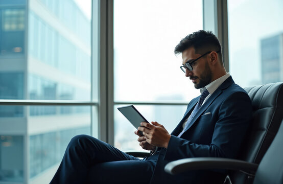 Young businessman reads tablet computer in modern office lounge setting. Pro man uses tech device, checks email news during work trip. Waits for flight meeting in airport hall office lobby, staying