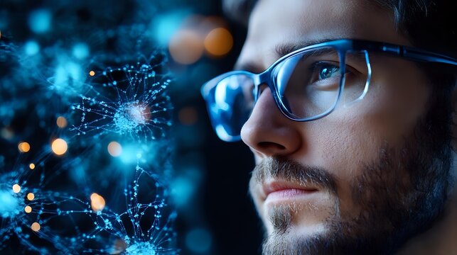 Caucasian man with glasses and beard looking at futuristic digital network visualization with glowing blue nodes and connections in dark environment.