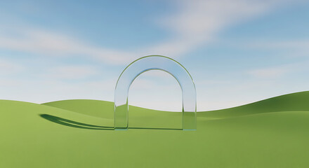 Surreal Landscape with Transparent Glass Arch on Rolling Green Hills under Clear Blue Sky for Design Inspiration, 4K image 