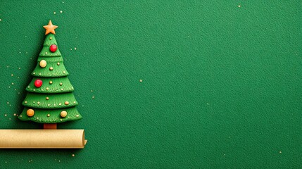 Cookie Decorated as a Christmas Tree on a Green Background With Festive Elements and a Scroll for Holiday Messages