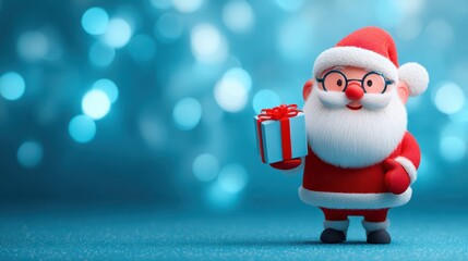 Cheerful Santa Figure Holding a Gift in a Colorful Winter Wonderland Setting With Soft Blue Background
