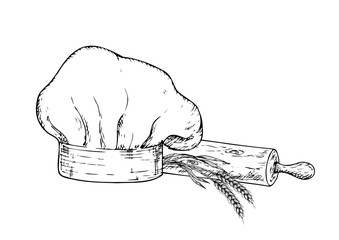 Vector Chef hat. Graphic ink professional cap sign and symbol, kitchen tool illustration isolated on background. Hand drawn line sketch. For designers, prints, logo, icon, menu, postcards, holiday, co