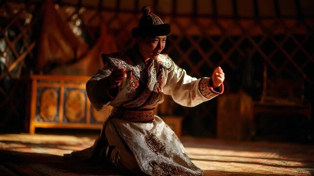 Mongolian male dancer performing expressive Biyelgee folk dance inside traditional yurt representing nomadic heritage, pride, and ancient cultural preservation.