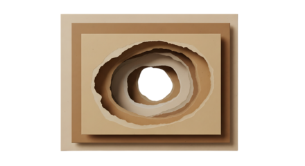 Layered paper cut-out art with torn edges creating a conceptual abstract void